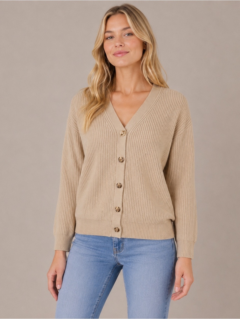 Cielo V-Neck Cardigan Sweater Cream Rib Knit Crop Career Chic Soft Size M